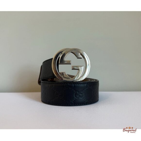 Auth Gucci Black Guccissima Leather Silver Interlocking G Buckle Belt 115/46 - Picture 12 of 13